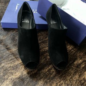 Stuart Weitzman Black Suede Gauze Peep Toe Stiletto Booties – Size 7